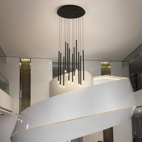 Nordic modern minimalist floor black gold led chandeliers for villa stairs, hotel lobby lighting decoration