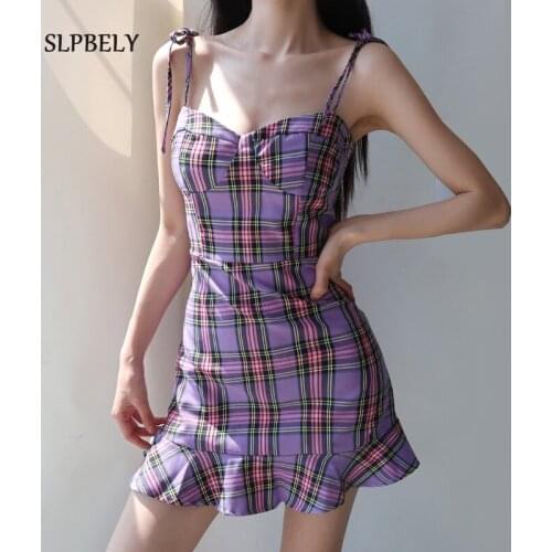 SLPBELY Sleeveless Dress Women Strap Plaid Printed Midi Sexy Ladies Bodycon Summer Off Shouder Streetwear Party Dress 2021