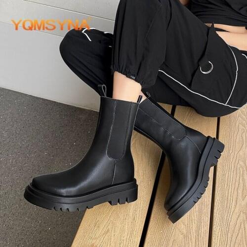 YQMSYNA Casual Womens Boots Comfortable Mature Flat With Round Toe Chelsea Boots Genuine Leather Breathable Office Shoes AS335