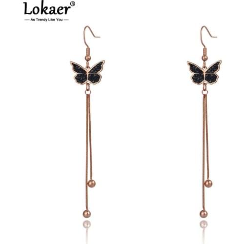 Lokaer Bohemia Titanium Stainless Steel Butterfly Animal Earrings Jewelry Rose Gold Tassel Drop Earrings For Women Girls E20023