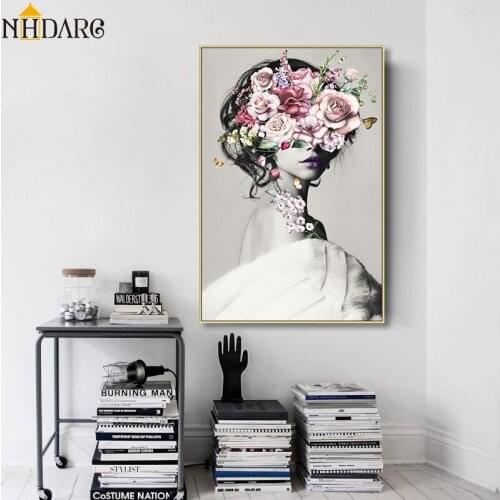 Nordic Fashion Modern Flower Girl Decoration Style Canvas Print Painting Poster Art Wall Pictures for Living Room Home Decor