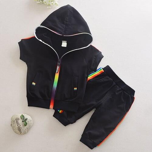 New Kids Unisex Summer Clothes Sport Set Children Casual Tracksuits Sport Suit Rainbow Stripes Hooded Front Zipper Top Hot Pants