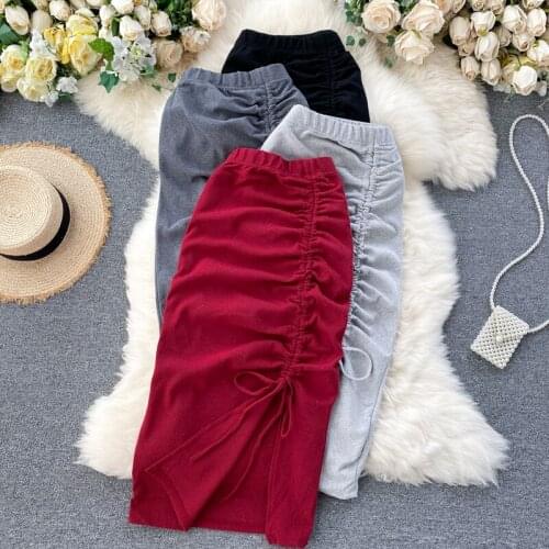 Consice Design Retro Side Slit Drawstring Ruched Good Strech Skirt