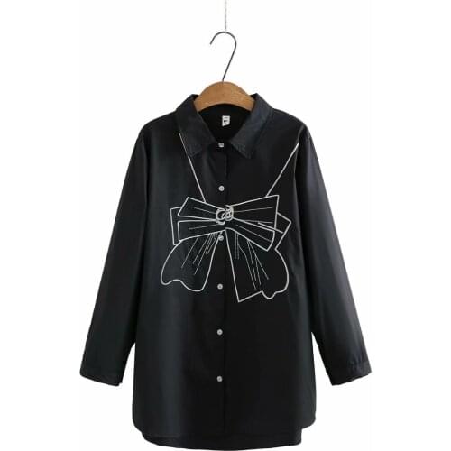 Womens oversize shirt turn-down collar Kawaii bow embroidery tops women 2021 spring autumn white black Mid-length Blouses