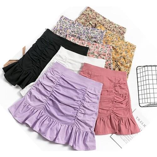 Shintimes 2021 Casual Style Ruffles A-Line Zipper Mini Skirt Women Empire Skirts Solid Color Womens Clothing Pleating Jupe Femme
