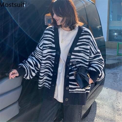 2020 Autumn Winter Mohair Striped Korean Knitted Cardigans Sweaters Women Long Sleeve V-neck Single-breasted Loose Fashion Tops