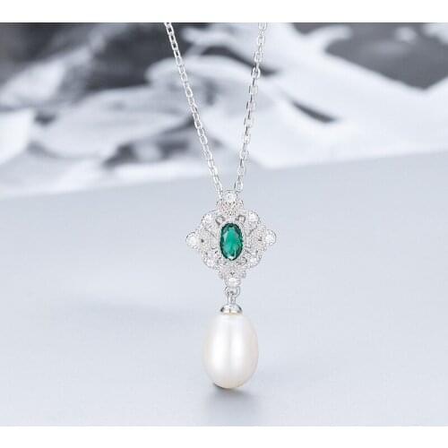 MADALENA SARARA Sterling Silver S925 9-10mm Freshwater Pearl Pendant Women Necklace Cubic Zirconia Vintage Royal Chain Necklace