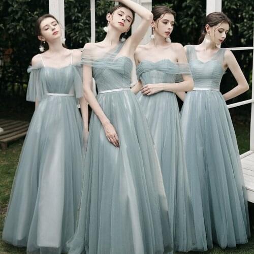 Beauty Emily 2020 V Neck Green Pleated Bridesmaid Dress Lace Tulle A Line Party Dress For Wedding Celebration 4 Styles Available