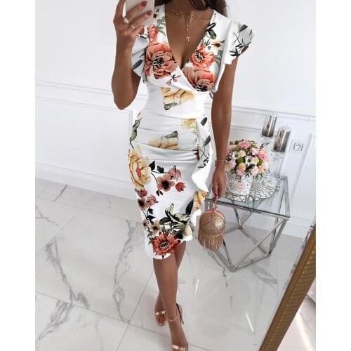 2021 Summer Women V Neck Ruched Ruffle Hem Floral Print Bodycon Midi Dress Casual Holiday Butterfly Sleeve Party Sexy Robe Femme