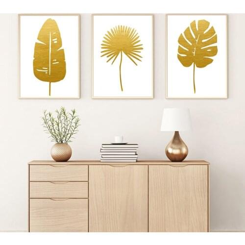 Golden Tropical Teaves Wall Art Palm Monstera Poster Prints Canvas Painting Contemporary Art Interior Home Decoration