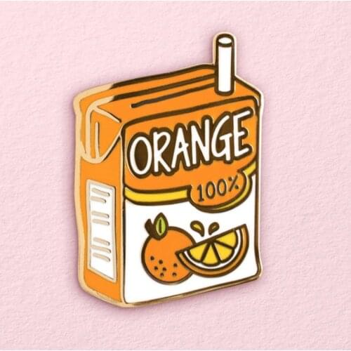 100% Orange Juice Box Brooch Pins Enamel Metal Badges Lapel Pin Brooches Jackets Jeans Fashion Jewelry Accessories