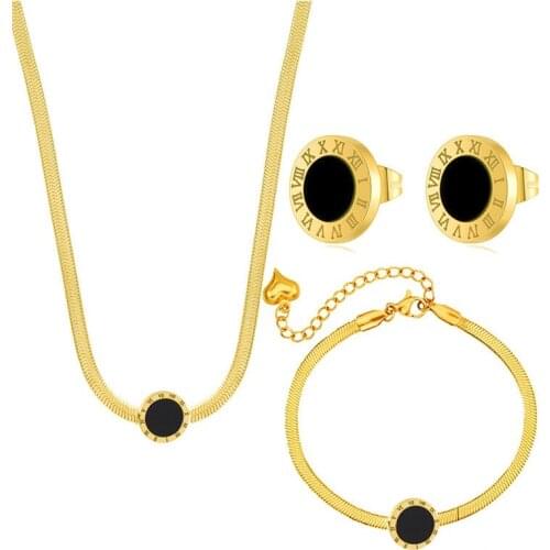 316L Stainless Steel Rose Gold Roman Numeral Snake Bone Chain Bracelet Necklace Earring Set Wedding Jewelry Set