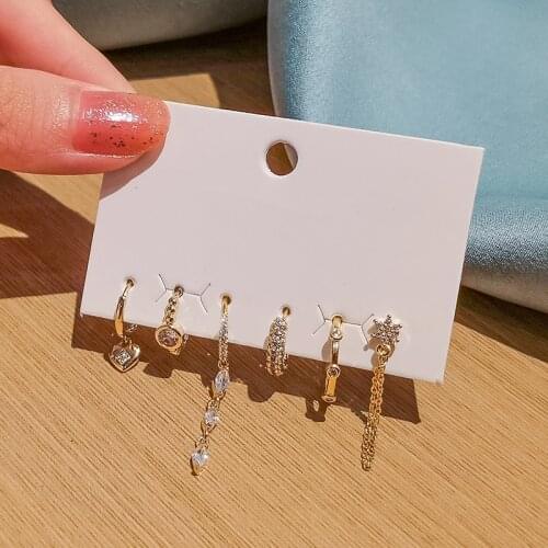 6 pieces/set 925 Sterling Silver Water Drop Heart Chain Hoop Earring Set Female Micro Zircon Circle Earrings Daily Jewelry