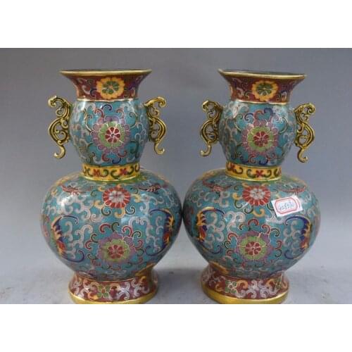 8" Cloisonne Enamel Gilt Ancient Auspicious Bat Gourd Flower Vase Bottle Pair