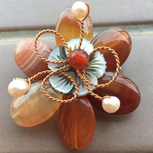 Free shipping Fashion Jewelry 42mm Red Carnelian Flower Brooch Bead MC9868