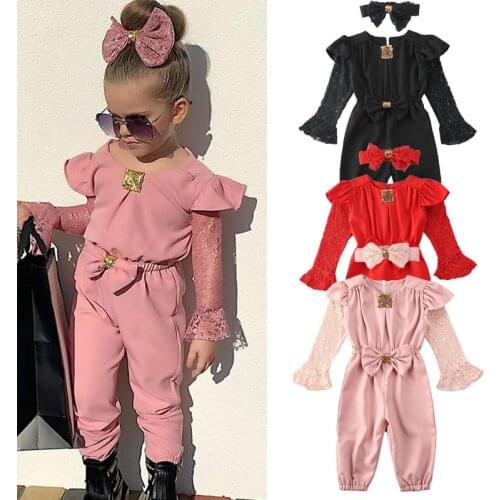 Summer Toddler Baby Girls Kids Clothes Long Sleeve Bow-tie Waist Romper Jumpsuit Overalls Headband Outfits Children Clothes 1-6Y