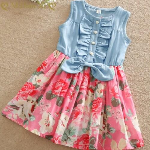 Girls Denim Floral Dress Summer Party Dress with Bow Children Flying Sleeveless Casual Clothing Baby Girl Kids Fashion Outfit