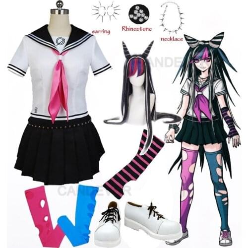 Ibuki Mioda Cosplay Custome Dangan Ronpa 2 Goodbye Despair Shirt Dress Long Wig shoes School Girl JK Uniform Skirt Set Halloween