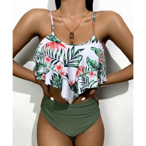 Swimsuit Women Bikini set Leaf Print Ruffles Halter High Waist Bikini Sexy Split Printing Open Back Swimwear Women Biquini