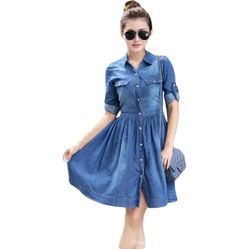 Summer Denim Turn-down Collar Dress 2017 New Cute Brief Work Women Plus size 4XL Vestiti estivi donna Cowboy Button Dress WW06