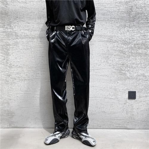 Tight Waist Loose Casual Pants Mens 2021 Autumn New Net Trend Personality Streetwear Bright Pu Leather Trousers Side