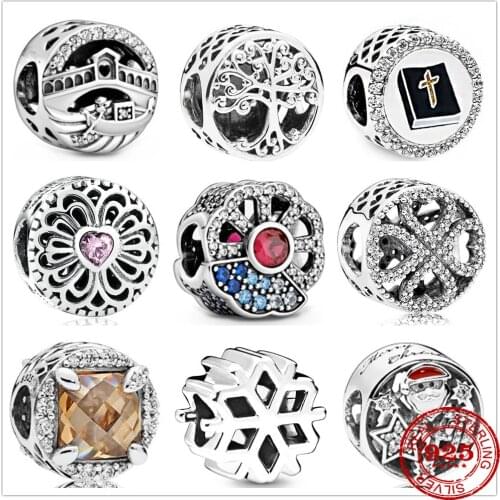 Genuine 925 Sterling Silver Round Love Flower Pattern Cross Openwork Beads Fit Original Pandora Bracelet Charm Jewelry Gift