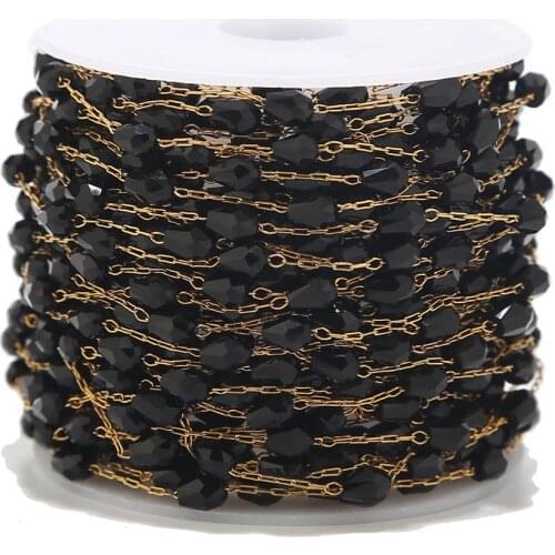 Stainless Steel Gold Plated Black Rosary Beaded Chain Teardrop Black Glass Beads Chains for Jewelry Making Sold by Meters