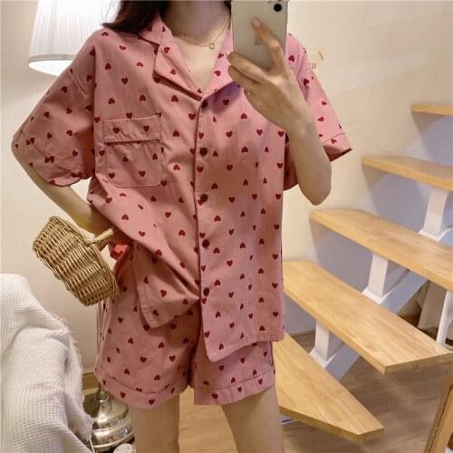 Soft Girls Pajamas Set Korean Summer New Short Sleeve Loose Leisure Sleepwear Pink Love Women Nightwear Shirt Homewear Suit