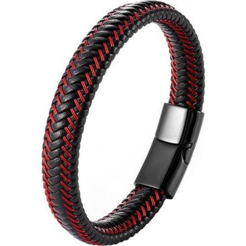 Red Thread Braided Black Leather Bracelet with Metal Magnetic Buckle Hip Hop Rock Bracelet Jewelry Gift for Men