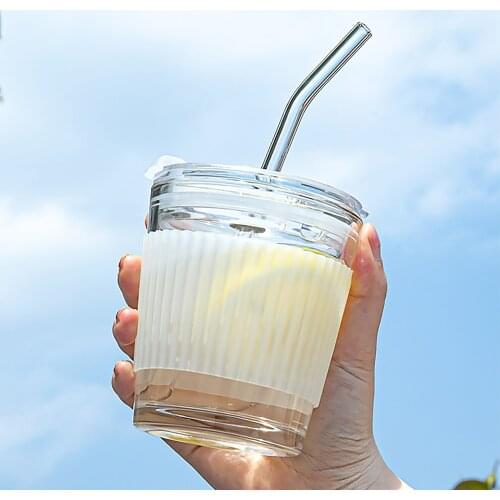 Glass Water Bottle Straw Milk Coffee Cup With Lid Cup Sleeve Drinkware Dual Purpose Iced Coffee Drinking Cup Outdoor Portable