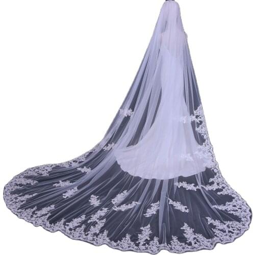 TOPQUEEN V67 One Layer Lace Edge Wedding Veil With Comb Cathedral Length Bridal Veil Luxury Velo de Novia Voile mariee Bridal