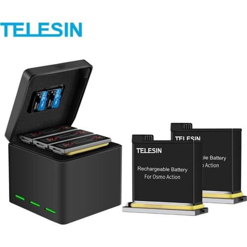 TELESIN 2 Pack Battery + 3 Slots Battery Smart Charger 2 TF Card Storage Box for DJI OSMO Action Camera Accessories