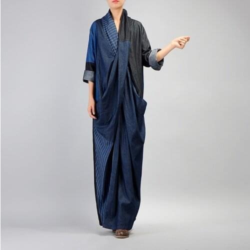 Vintage Denim Dress 2020 Spring Robe Vintage Femme Long Sleeve Cross Neck Maxi Traditional Chinese Clothing For Women 11341