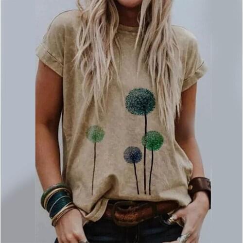 Women Summer Roll Up Short Sleeve T Shirts Rainbow Striped Floral Dandelion Printed Pullover Tunic Tops Crew Neck Casual