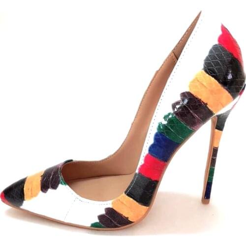 Fashion national wind colorful color matching pointed toe high heel dress shoes Colorful graffiti leather 12CM heel woman shoes
