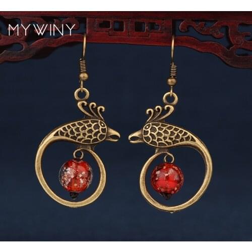 MYWINY metal peacock ethnic earrings women,High quality of red glass glazed beads earrings vintage jewelry