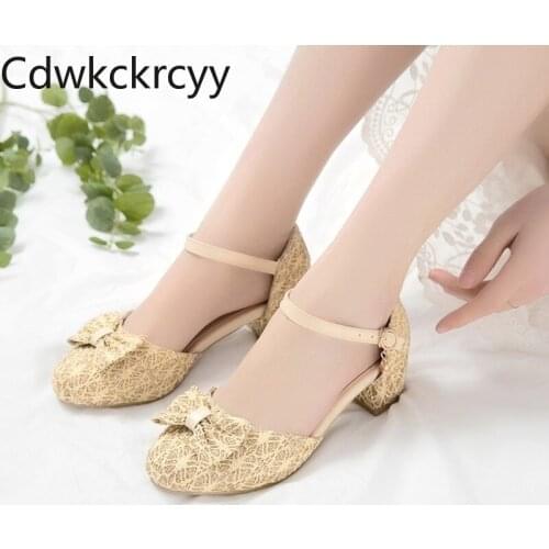 Spring and fall The New fashion Round head sweet Bow High heel Womens shoes Lace princess Girls Thick heel Women shoes 28-43
