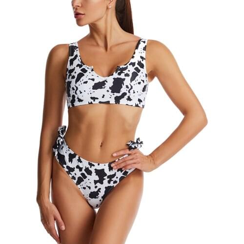 Women’s Printed 2Pcs Bikini Suit Low Neck Crop Tank Tops with Bow Decorations Triangle Bottoms for Swimming
