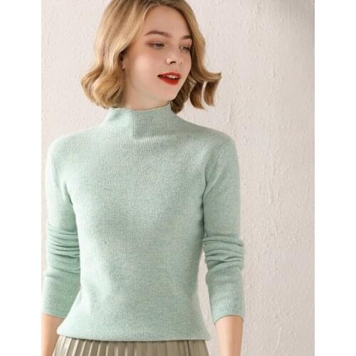 Ladies pullover 2021 fall/winter 100% wool sweater Slim-fit solid color knitted cashmere sweater XL womens top half high collor