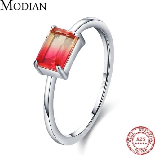 Modian 100% Real 925 Emerald Cut Fashion Watermelon Tourmaline Finger Rings For Women Female Fine Jewelry Accessories Anillo