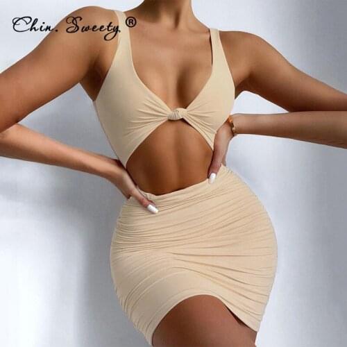 Solid Sexy Skinny Mini Slip Dress For Women 2021 Summer New Sleeveless Ruched Hollow Out Dresses Lady Sexy Club Party Vestidos