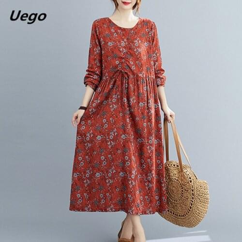 2021 Drawstring Print Floral Vintage Dress Cotton Linen Loose Women Dress Long Sleeve Autumn Dress Female Spring Casual Dress