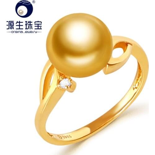 YS S925 Silver Saltwater Pearl Wedding Ring 9-10mm AA Grade Deed Gold Natural Cultured Gold South Sea Pearl Ring For Women