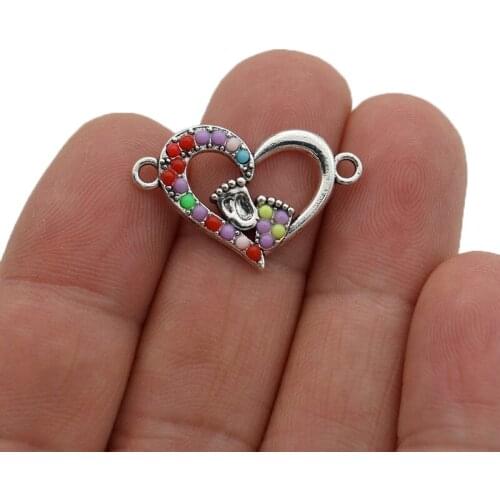 10PCS Silver Plated Crystal Heart Footprint Charm Connector for Making Bracelet DIY Findings Jewelry Accessories 17x27mm