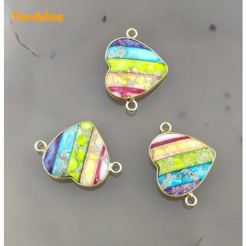 3Pcs Multi Color Natural Emperor Stone heart Shape Slice Slab Connector Necklace Beads,Sea Sediment Imperial Jasper Gold Plated