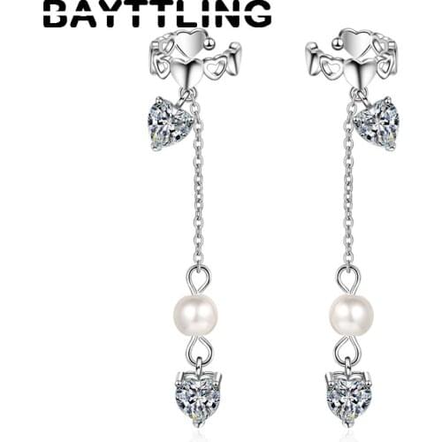 BAYTTLING 925 Sterling Silver 46MM Heart Zircon Pendant Ear Clips Pearl Earrings For Women Fashion Wedding Jewelry Gifts