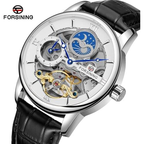 Forsining Classic Fashion Moon Phase Mechanical Watches Automatic Tourbillon Mens Genuine Leather Wristwatch Relogio Masculino