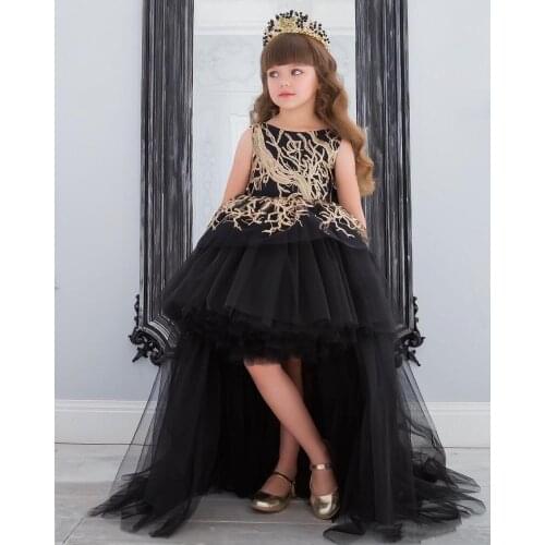 Golden Lace Applique Black Flower Girls Dresses Golden Lace Girls Black Birthday Dresses High Low Gowns Celebrity Black Dress