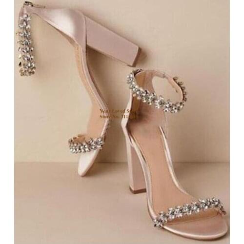 Choudory Bling Bling Crystal Wedding Shoes Luxury Champagne Satin Fabric Chunky Heels Rhinestone Sandals Women Banquet Shoes