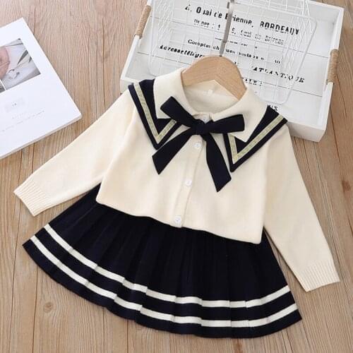 Kids Clothing for Girls Fashion Autumn Long Sleeve Sailor Collar Cardigan Top+Pleated Skirt School Uniform Dress for 1-6Y Girls